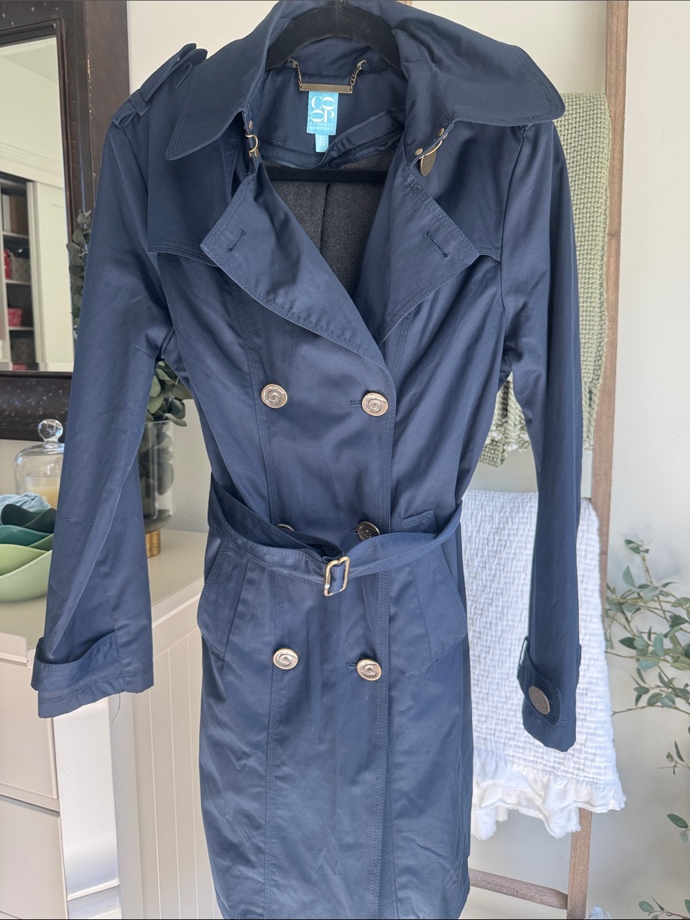 Barneys New York CO-OP Navy Double-Breasted Belted Trench